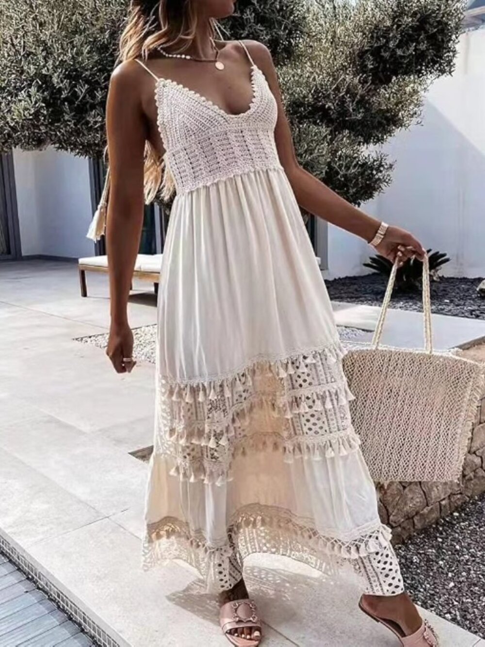 Boho Maxi Dress Lace Up Tassel V-Neck Flare Ruffle Fringed in Beige/Tan, Small